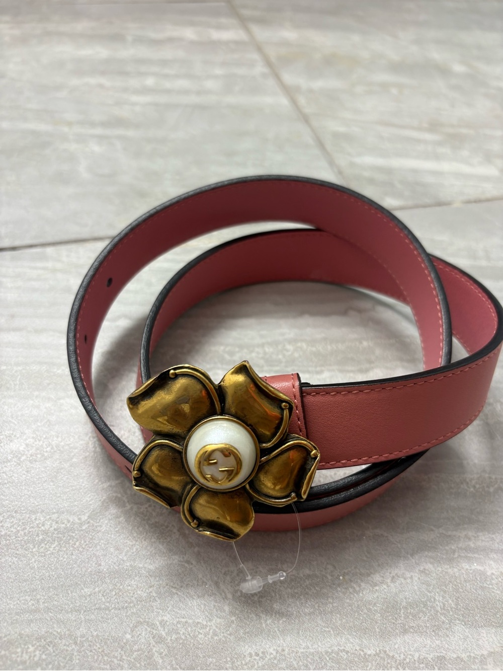 Gucci Rose Pink Leather Belt with Gold Floral Buckle